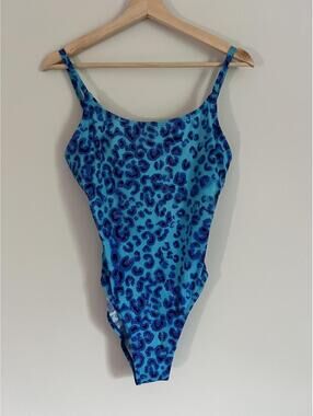 Vintage 90s Kathy Ireland Blue Shimmer Leopard Print One-Piece Swimsuit